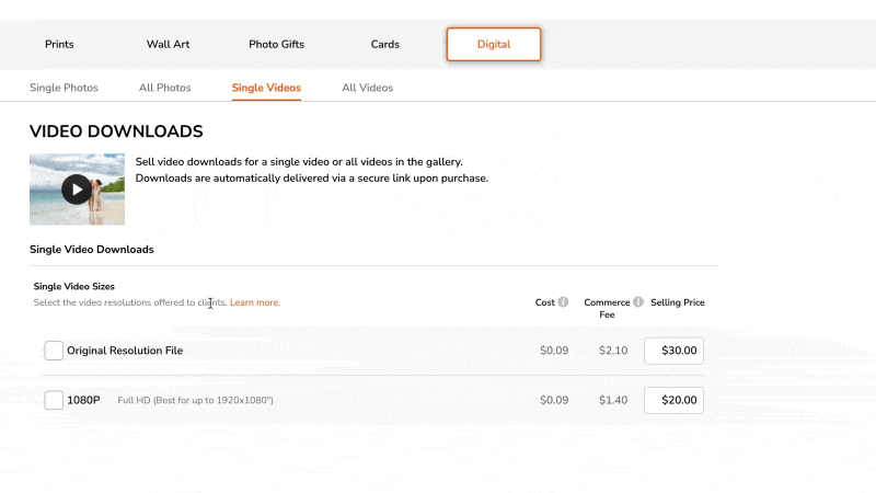 Adding Video to photographer Price List in NextZen website