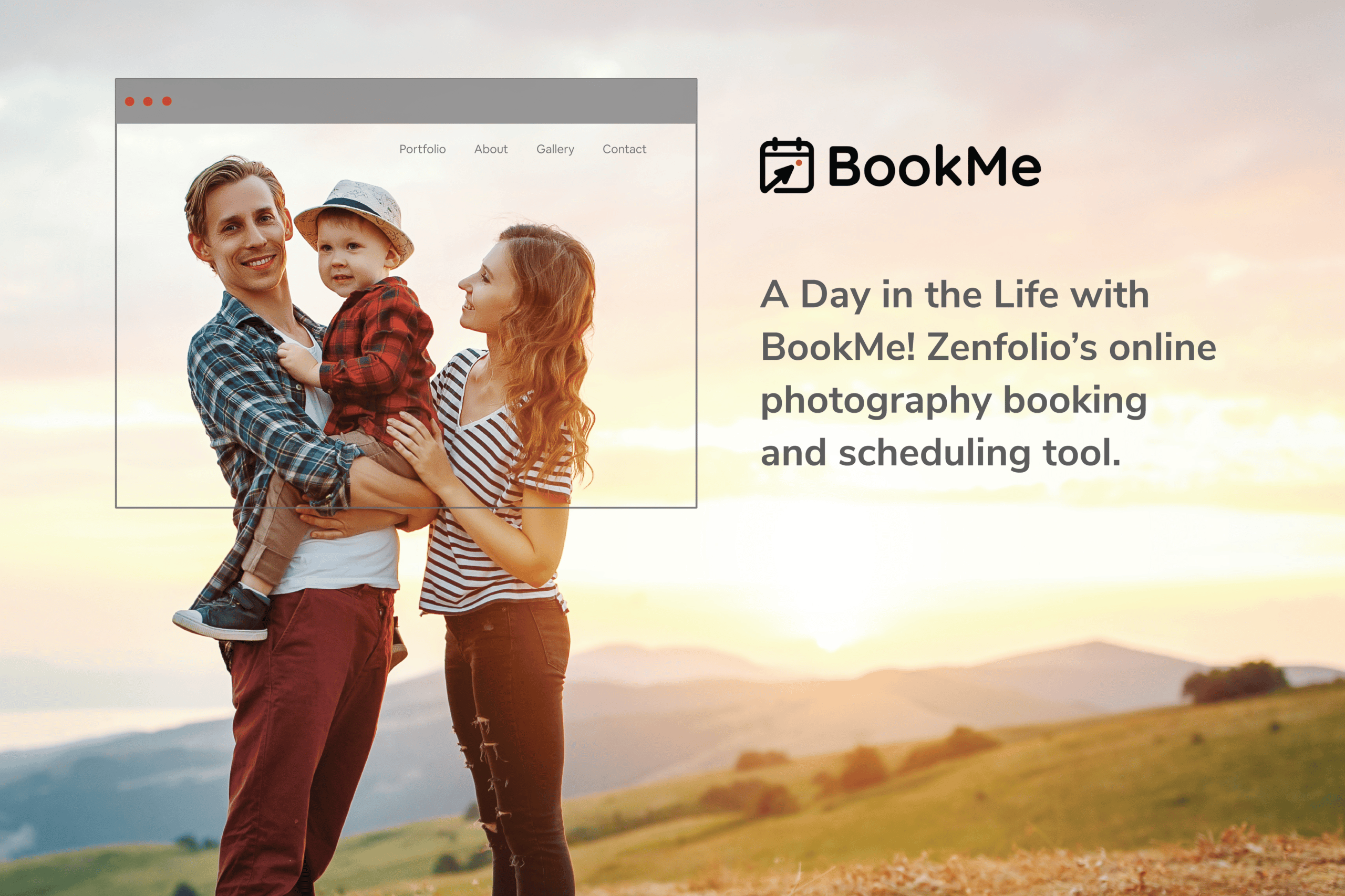 BookMe title with family posing framed by minimal browser window