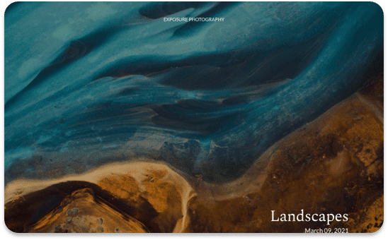 Abstract aerial landscape photo: teal and gold tones, flowing patterns. Landscapes text overlay