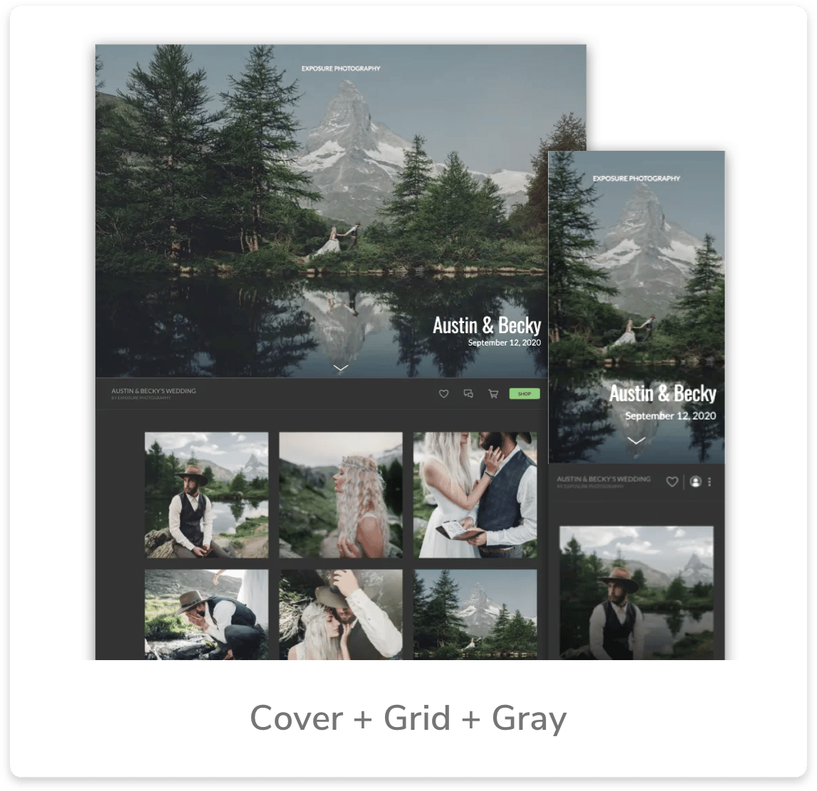 Wedding photo gallery: Gray interface displays a cover image and grid of smaller photos; mountain backdrop
