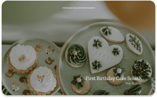 First birthday cake smash: decorated cookies and cupcakes on tiered plates. Sage green and white theme