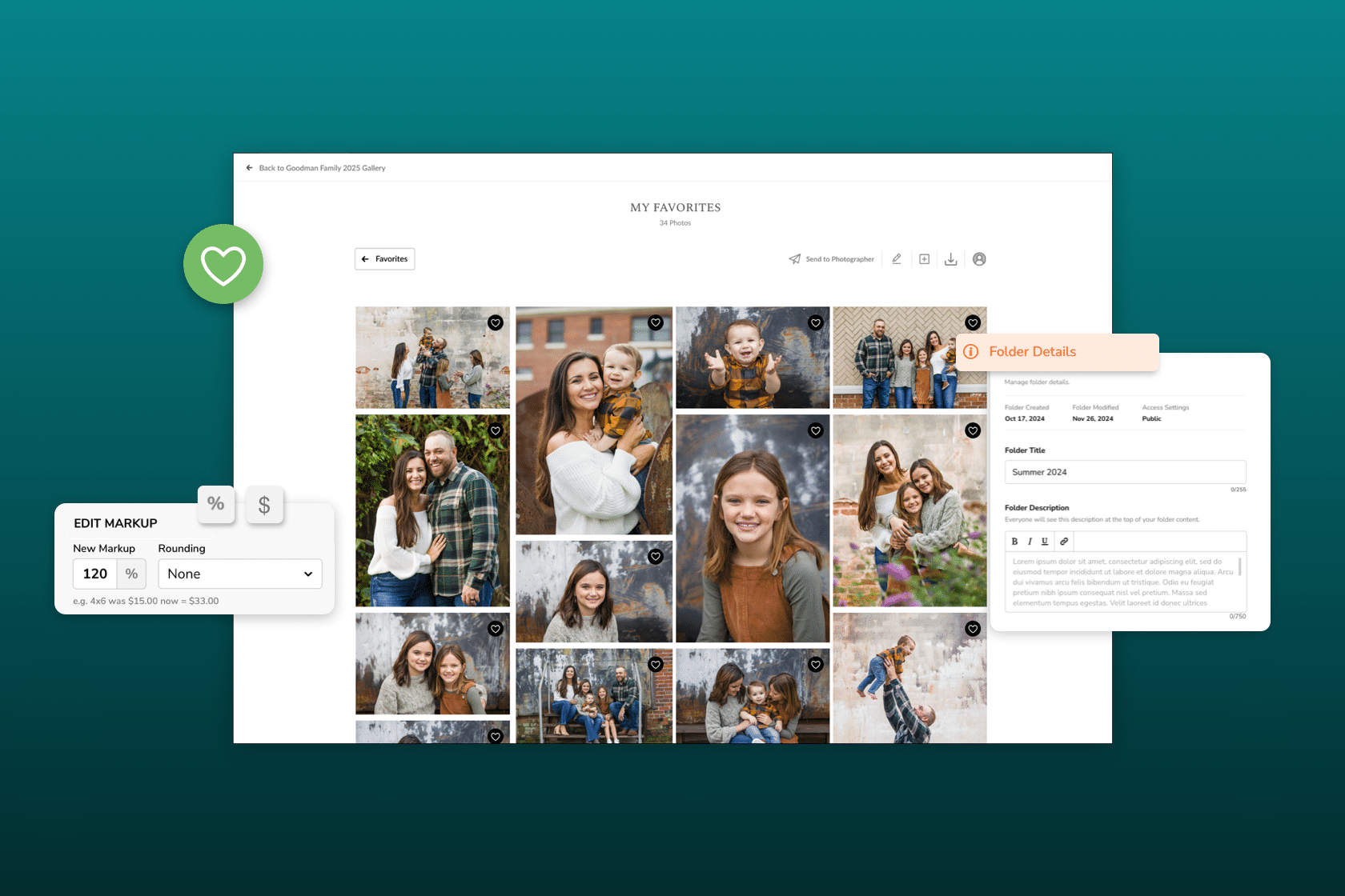 graphic showing Zenfolio photography gallery features for folder details and single image pricing.