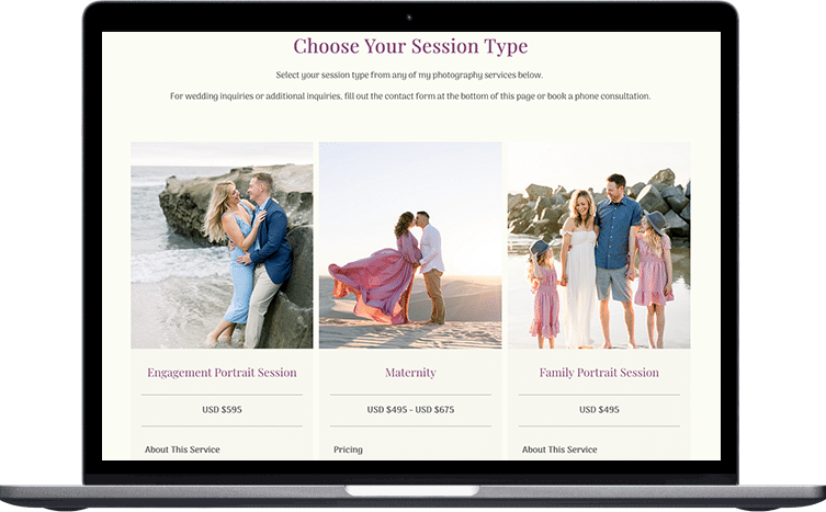 Stephanie Michelle Photography services page on laptop