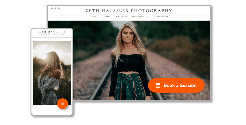 a Zenfolio Photographer website with "Book a Session" button